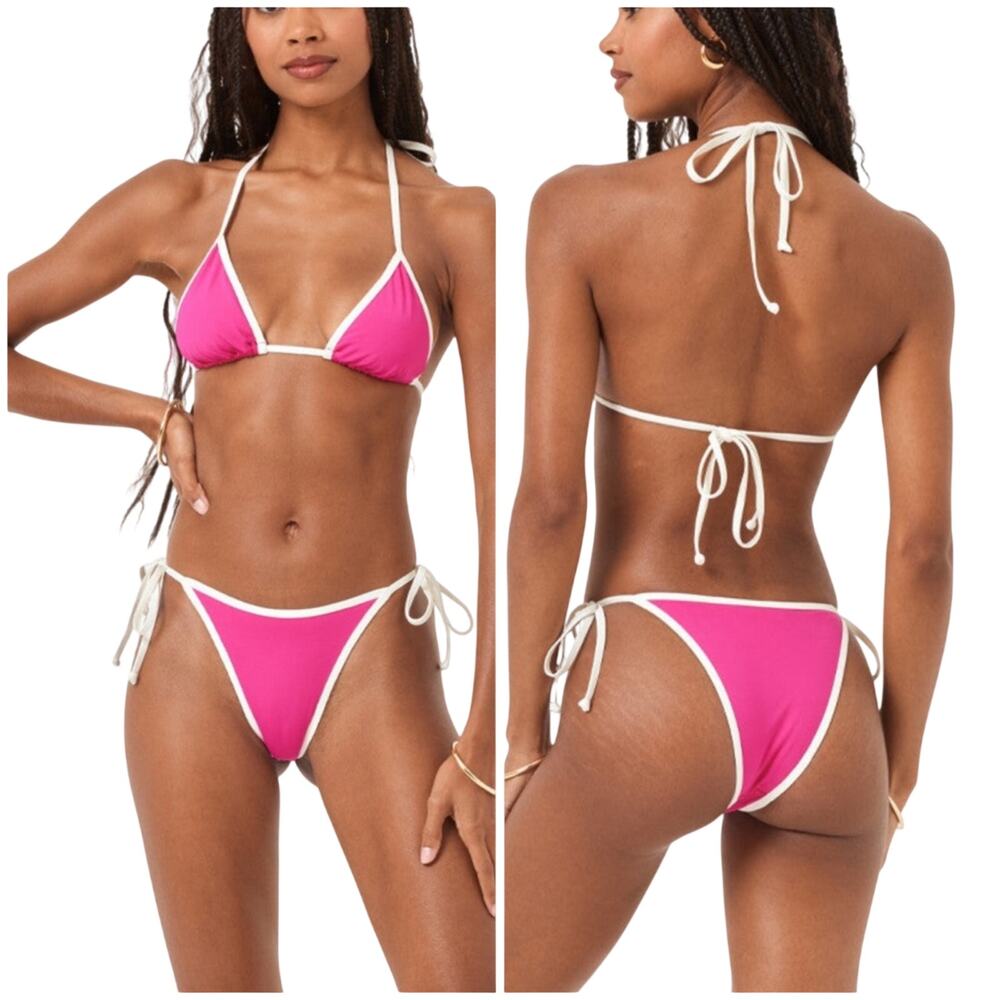 L*Space NWT Levy Bitsy Side Tie Bikini Bottom Bougainvillea Pink Cream Size L